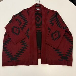 Kate & Mallory‎ Aztec Print Open Front Cardigan Sweater Burgundy Black Large